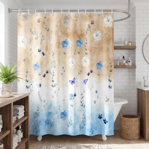 Watercolor Floral Shower Curtain - Pastel Blue & Yellow Design, 72x72