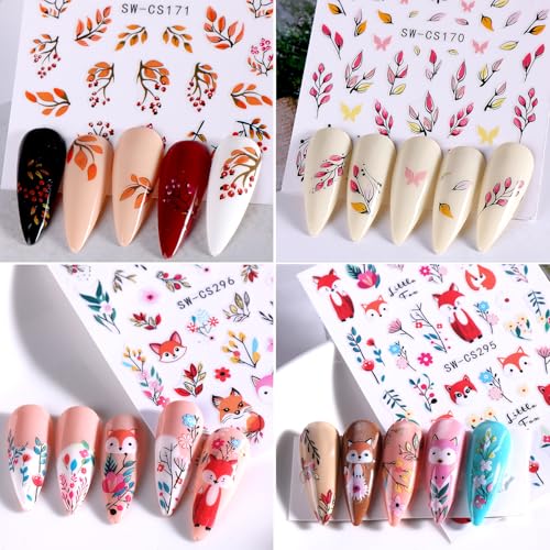 Cartoon Fox & Autumn Leaf 3D Nail Art Stickers Fall Decals