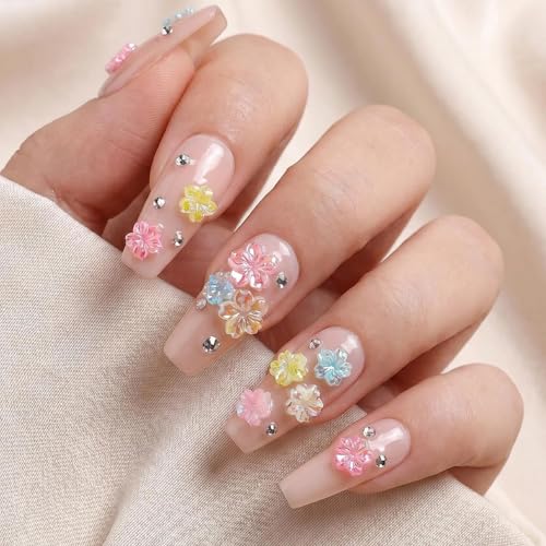 CnSybaris 300 Pcs 3D Flower Nail Charms Colorful Hibiscus Floral Gems