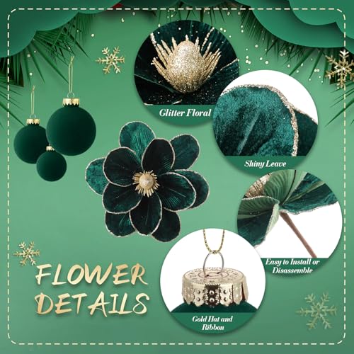 Green Velvet Christmas Tree Decorations Set with Poinsettias & Ornaments