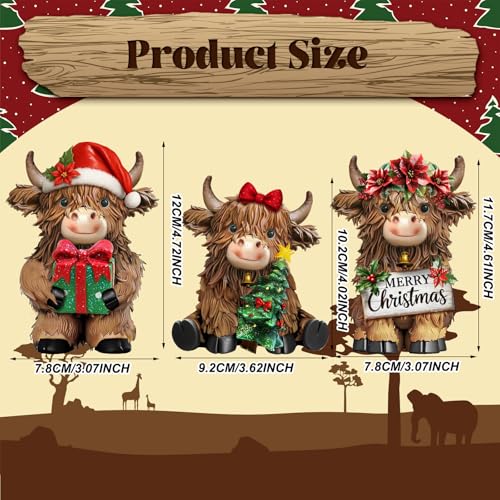 3 Pcs Christmas Highland Cow Figurine Decor - Resin Christmas Decorations, Highland Cow Set - Christmas Variation