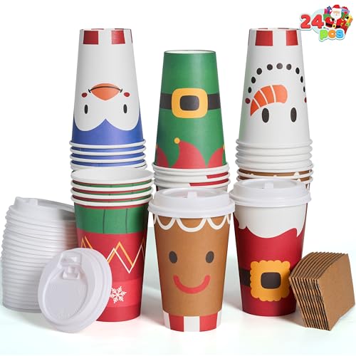 JOYIN 24 PCS Merry Christmas Disposable Paper Cups with Sleeves and Lids, 6 Designs Xmas Drinkware 16 oz, Snowflake Santa Elk Cups for Hot Coffee Cold Beverage Holiday Tableware Supplies Favors