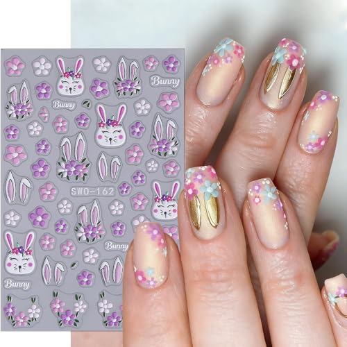 Easter Nail Stickers 3D Embossed Rabbit Spring Flower Decals 2 Sheets