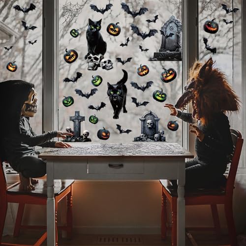 DERAYEE 8 Sheet Halloween Window Clings - Black Cat & Bats