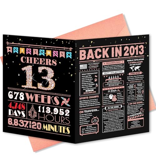 Rose Gold 13th Birthday Card with Envelope & Stickers - Fun Gift