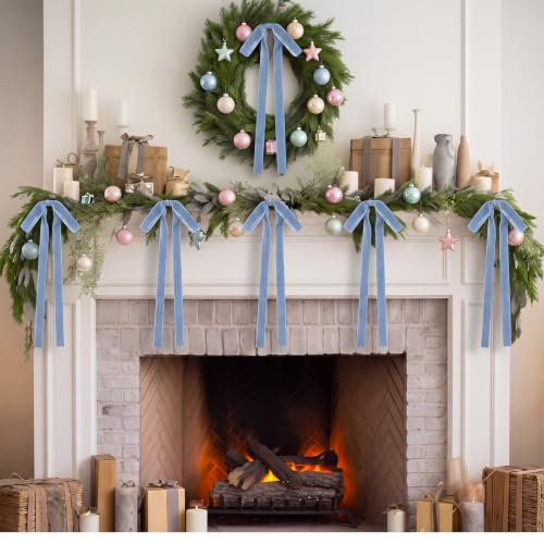 24 Pcs Velvet Christmas Tree Bow - Haze Blue, 9x13 Inch Decorative Holiday Gift Wrap