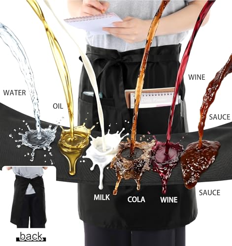 Black Waitress Server Apron with Pockets - Water Resistant Polyester