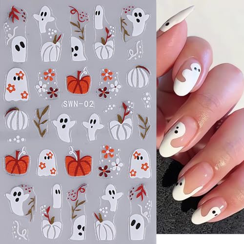 Halloween Nail Stickers 4 Sheets - Cute Ghost Skull Pumpkin 3D Self-Adhesive Decals for DIY Manicure