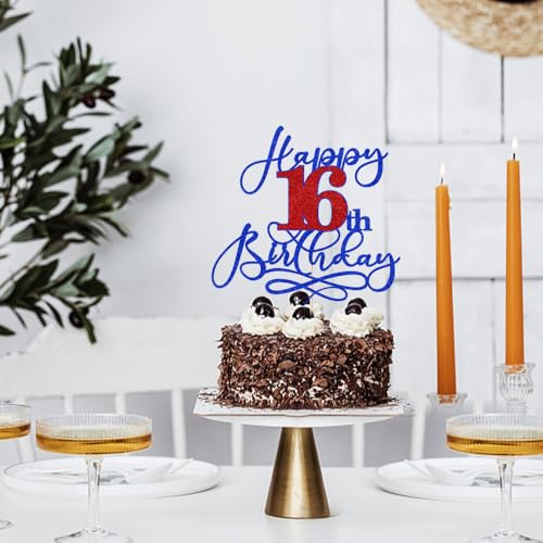 16th Birthday Cake Topper - Deep Blue & Red Glitter Design