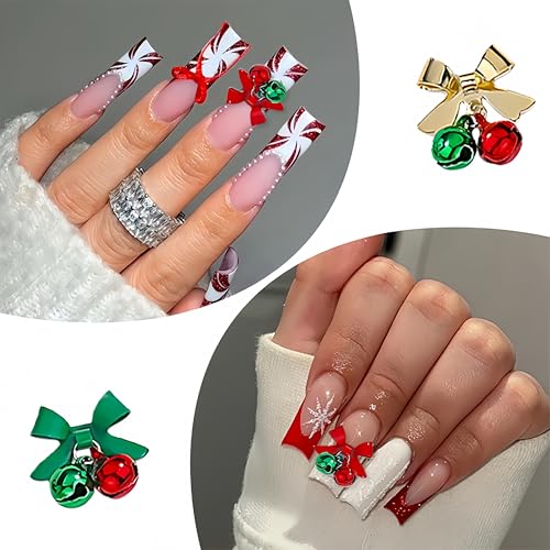 21Pcs Christmas Nail Art Charms 3D Alloy Bow and Bell Rhinestones for Winter Holidays DIY
