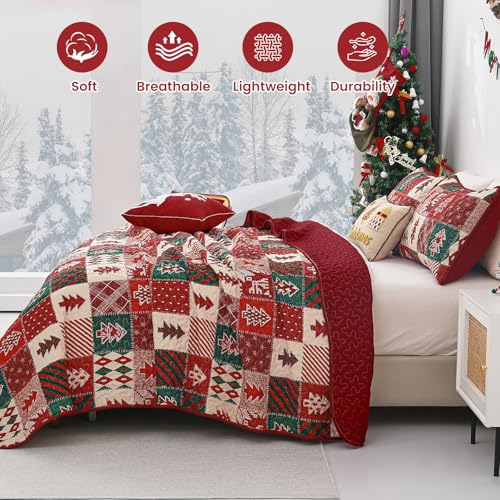 Christmas Quilt Queen Size 3-Piece Bedspread Set with Tree Design, Red & Green, 96x90 Inches - Merry Christmas Variation