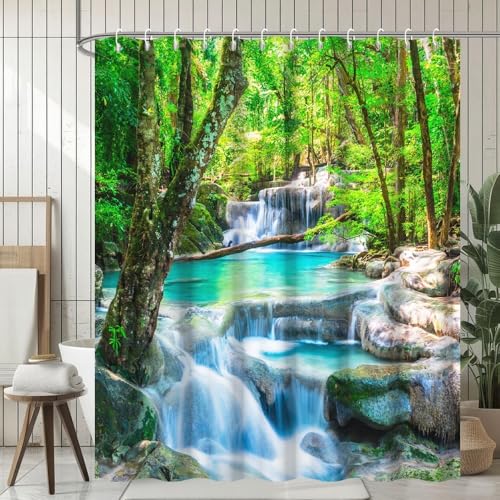 DORCEV Waterfall Forest Shower Curtain - 72x72 Inch Nature Landscape Print