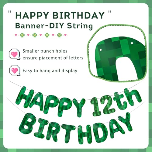Green Pixel 12th Birthday Banner, Pre-Strung Video Game Party Decor