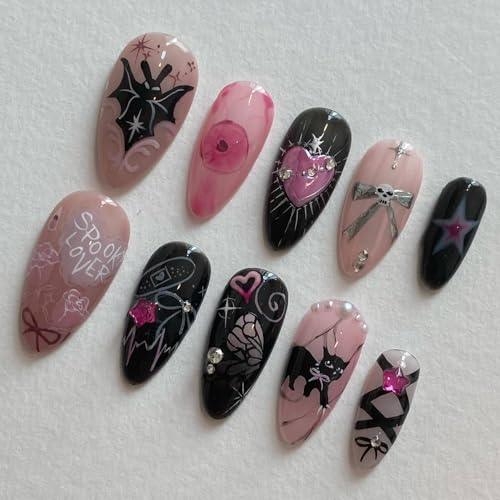 Halloween Press on Nails Medium Almond Gothic Black Bat Fake Nails 24pcs