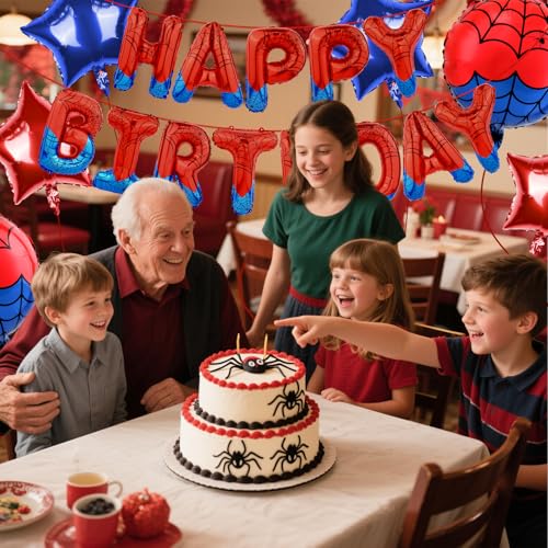 Spider Theme Happy Birthday Banner Set with Balloons - Fun Party Decor for Kids