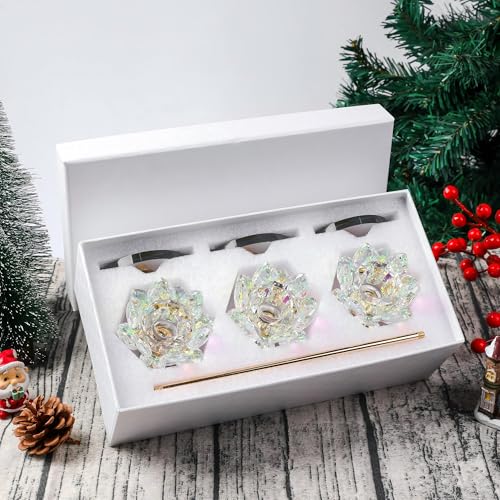 3pcs Crystal Lotus Flower Taper Candle Holders - 8.66" Elegant Centerpiece