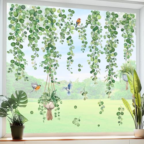 Decalmile Green Leaves Window Clings - Reusable Vine Decals