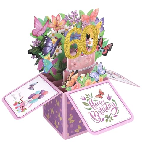 60th Birthday Pop-Up Card with Colorful Butterflies & Flowers