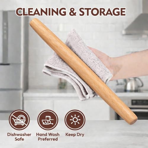 17-Inch European Beech Wood French Rolling Pin - Non-Stick Dough Roller for Baking