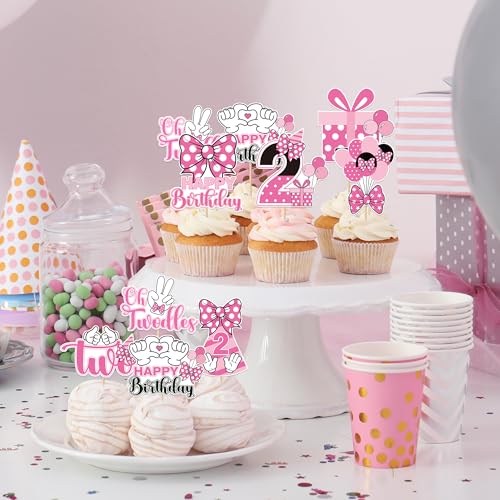Oh Twodles Cupcake Toppers Set - 24 Pink Mouse Birthday Decorations