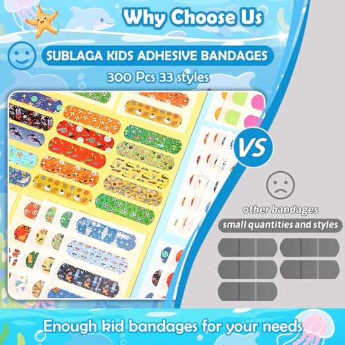 33 Style Kids Cartoon Bandages 300 Pcs Cute Bandages Adhesive Flexible Colorful Bandage Toddler Bandage Waterproof Breathable Protect Scrapes and Cuts for Girls Boys Children Toddlers (Cool)