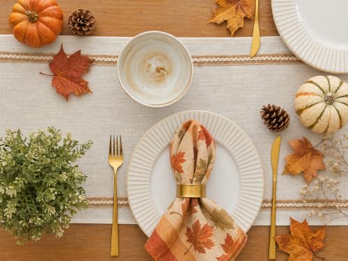 Jute Table Runner 108 Inch Farmhouse Linen with Natural Jute Lace - Off White
