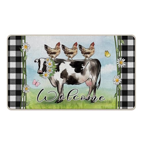 Spring Summer Farm Animals Welcome Front Door Mat - Cow Hen Welcome Mat