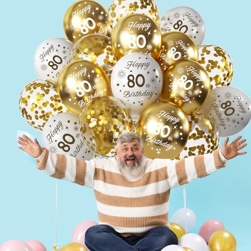 30th Birthday Balloons Pack - White & Gold Latex Confetti, 15pcs