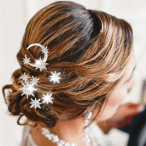 Star and Moon Rhinestone Hair Pins Set - 5 Pcs Silver Bridal Hair Jewelry