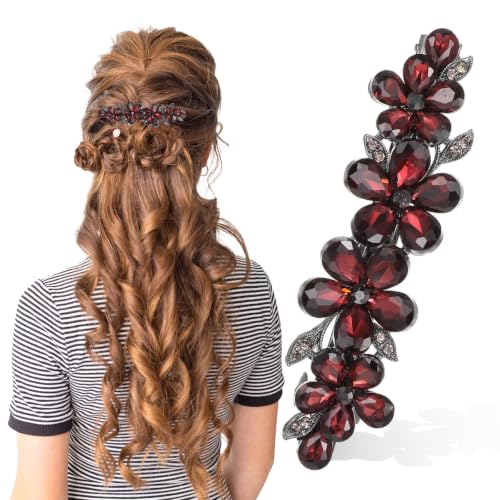 Dark Red Rhinestone Flower Hair Clip Crystal Bridal Barrette