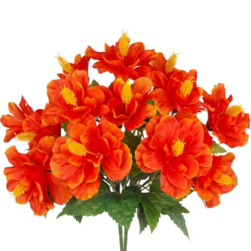 FRUNVS 2 Pcs Orange-Red Artificial Hibiscus Flowers for Outdoor Garden & Patio Decor