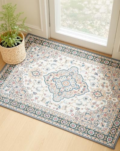 MINIDEAR 2' x 3' Washable Vintage Floral Rug for Entryway & Kitchen, Non-Slip Khaki Small Rug