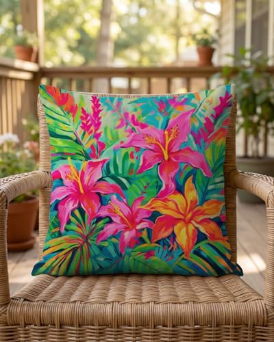 Pink Orange Tropical Pillow Cover 18x18 - Hibiscus Floral Cushion