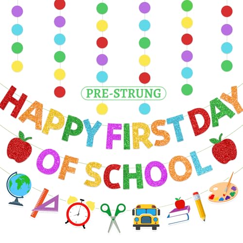 FINDRICH 4PCS Pre-Strung Happy First Day of School Banner Red Classroom Decorations