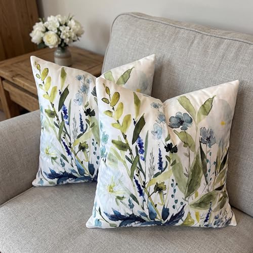 Sage Green Floral Velvet Throw Pillow Covers 18x18 - Set of 2
