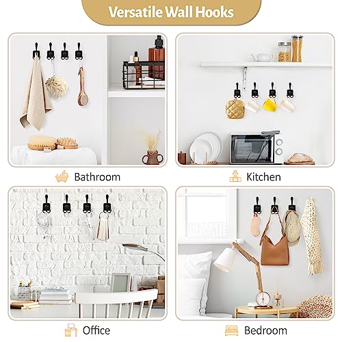 VIS'V Heavy Duty 3 Prong Coat Hooks - Wall Mount Adhesive & Screws, Black, 4 Pcs
