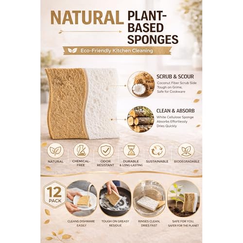 Eco-Friendly Kitchen Sponge Set - 6 Pack Natural Coconut Fiber & Cellulose Double-Sided Scrubbers