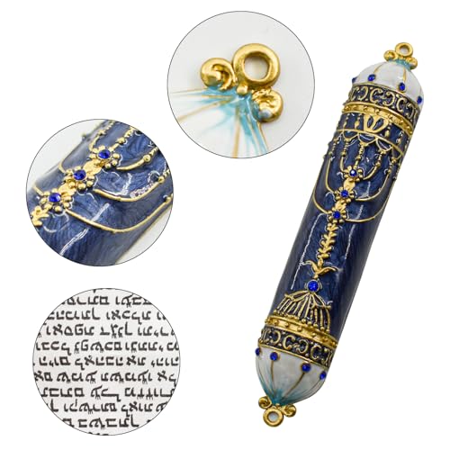 Blue Mezuzah with Scroll for Door - Zinc Alloy & Enamel, 5 x 0.86 in