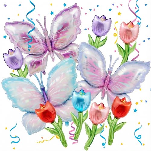 Jenaai 10-Piece Butterfly and Tulip Foil Balloon Set for Party Decor