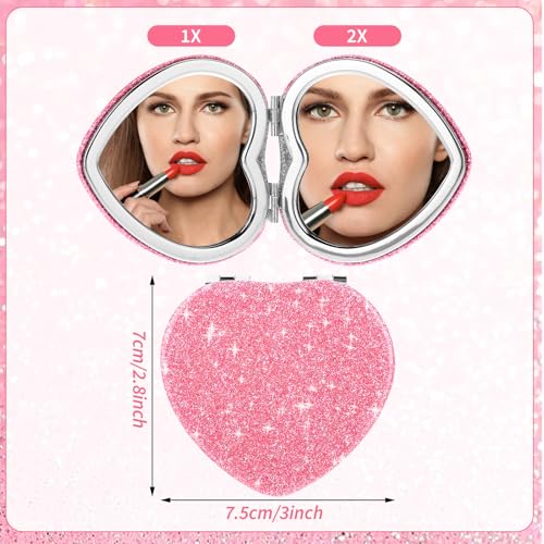 YUXIANLB Heart Shaped Compact Mirror for Purse - Pink Mini Travel Pocket Makeup Mirror with 1X/2X Magnification