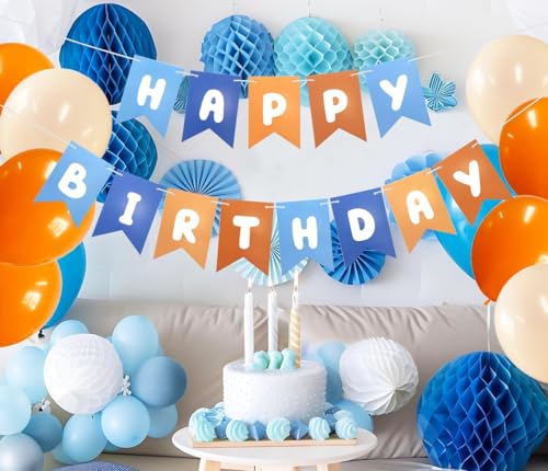 Blue and Orange Happy Birthday Banner for Kids Party Decor