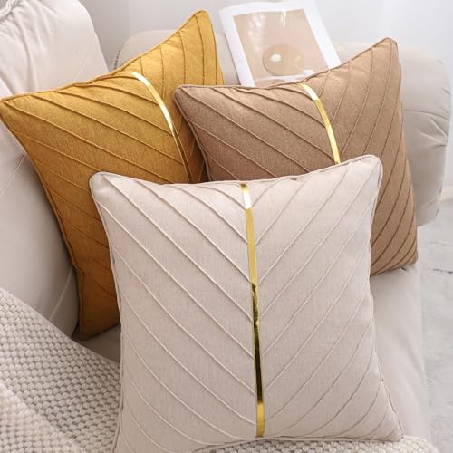LUOYEHK Beige Linen Throw Pillow Covers Set of 2 18x18 Inch Modern Luxury Cushion Covers with Gold Leather Accent