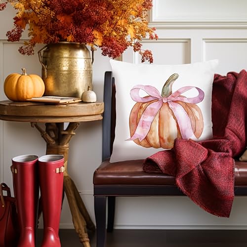 Pumpkin Pillow Covers with Coquette Pink Bow - 18x18