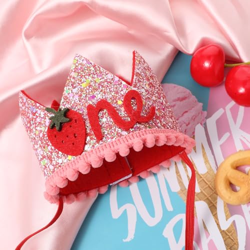 Pink Strawberry First Birthday Crown for Baby Girls - Sweet One Hat