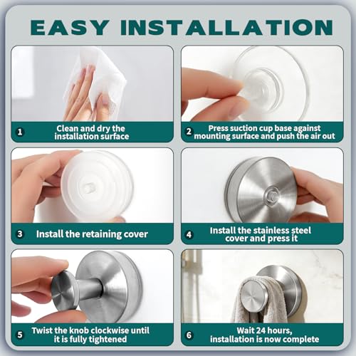 HWERTHREEMER Heavy Duty Stainless Steel Suction Cup Hooks - Silver, 2 Pack