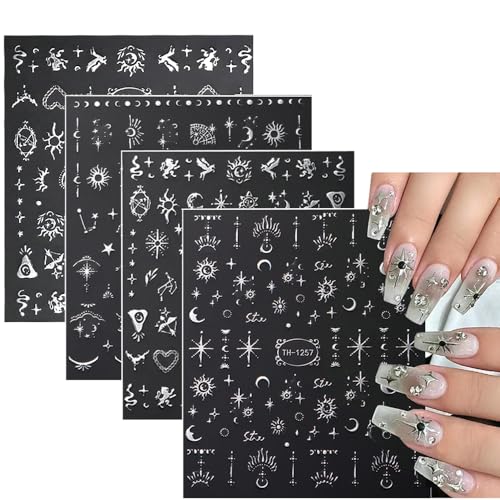 Lismyakey 3D Star Moon Embossed Nail Stickers Self-Adhesive Decals 5 Sheets