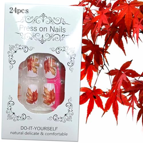 Fall Maple Leaf Press On Nails Medium Square Thanksgiving False Nails