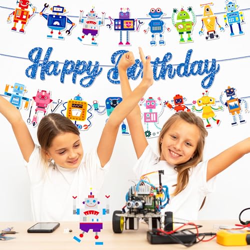 Cartoon Robot Happy Birthday Banner Set - 3Pcs Party Decoration