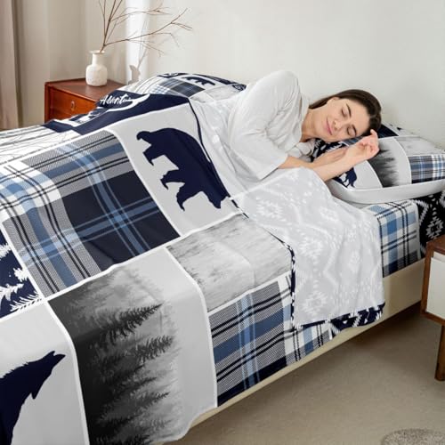 Kids Queen Size Bedding Set - Deer Bear Wolf Hunting Adventure Geometric Plaid Blue Christmas 4pcs