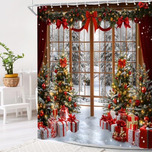 Christmas Snow Scene Shower Curtain 70x70 Inches - Winter Holiday Bathroom Decor (Pack of 1)